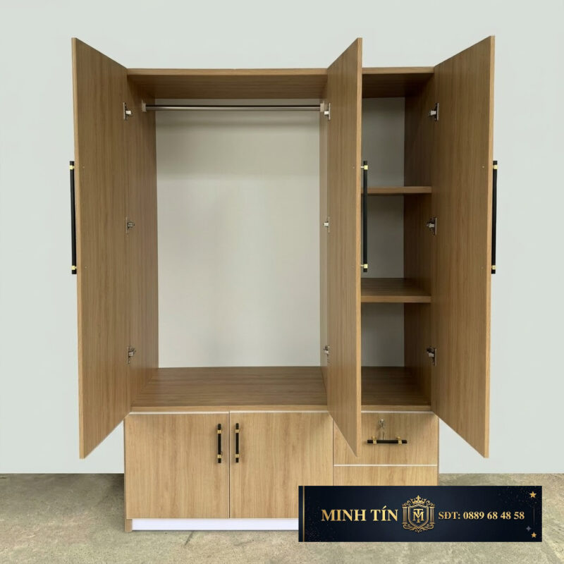 Minh Tín TA0305 – Tủ quần áo 3 cánh 2 hộc kéo – 5 kệ – 1 thanh treo (1)
